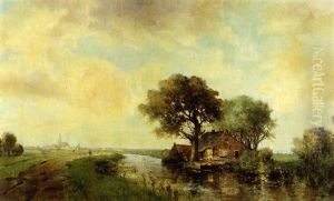 Weitlaufige Sommerlandschaft Mit Flusslauf, Gehoft, Und Standansicht