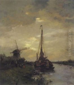 Hollandische Kanallandschaft Mit Windmuhle by Jan Van Der Linde