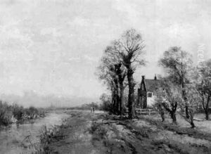 Weite Hollandische Landschaft Mit Bauernhaus by Jan Van Der Linde