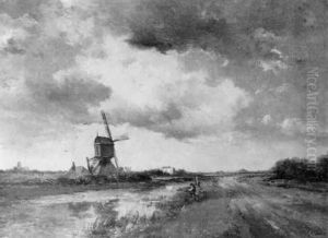 Angler Bei Der Muhle Am Flus by Jan Van Der Linde