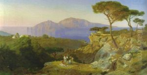 Capri - Blick Auf Capri Und Den Golf Von Neapel Von Einem Piniengesaumten Hohenweg Mit Rastenden