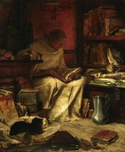 Die Lekture. Monch Mit Buch Und Glaschen Wein In Der Studierstube by Wilhelm von Lindenschmit the Younger