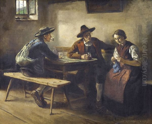 Stubeninterieur Mit Holzarbeitern Und Strickendem Madchen - view 1