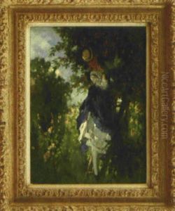 Frau Mit Hut Und Sommerkleid Klettert Auf Einen Kirschbaum