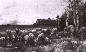 Schafer Mit Seiner Herde Bei Sonnenuntergang Nahe Einem Gehoft by Richard Linderum