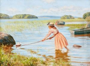 Sommarbild Med Lekande Flicka Vid Strandkanten by Emil (Harald Emanuel) Lindgren