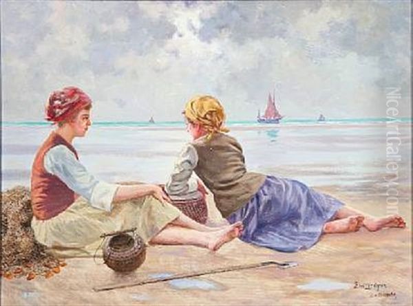 Fishing Girls On A Beach At The English Channel In France - view 1