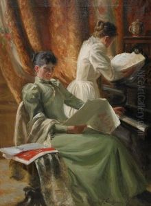 Interior Med Musicerande Kvinnor Vid Pianot by Emil (Harald Emanuel) Lindgren