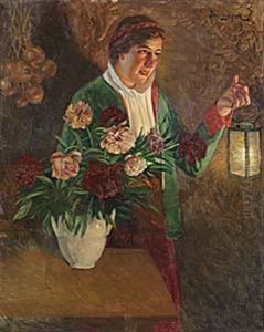 Allmogeflicka I Lyktans Sken by Emil (Harald Emanuel) Lindgren