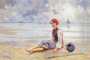 Fischermadchen Am Strand by Emil (Harald Emanuel) Lindgren