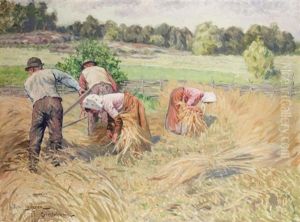 Harvesters In A Landscape by Emil (Harald Emanuel) Lindgren