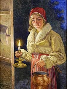 Allmogeflicka Med Ljus by Emil (Harald Emanuel) Lindgren