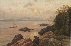 Skargardslandskap Med Bat Vid Solnedgang by Berndt Adolf Lindholm