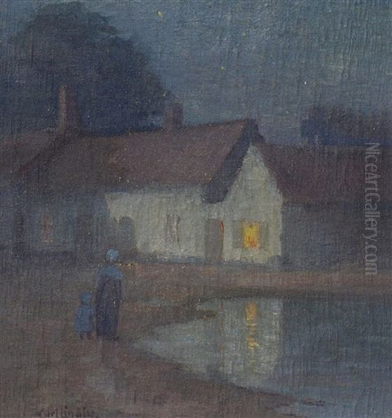 Nocturnal Scene With Mother And Child Near A Village Pond - view 1
