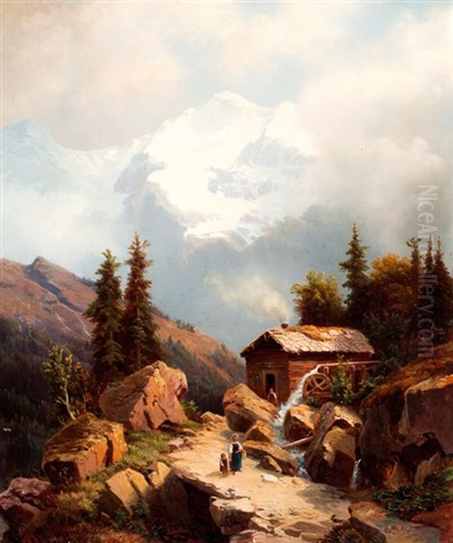Zwitsers Berglandschap Met Jungfrau; Op De Voorgrond Een Watermolen - view 1