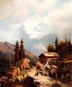 Zwitsers Berglandschap Met Jungfrau; Op De Voorgrond Een Watermolen thumbnail