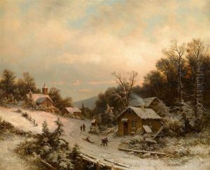 Village In Winter by Johann Wilhelm Lindlar