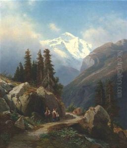 Hochgebirgslandschaft Mit Einer Bauernfamilie Auf Wanderschaft by Johann Wilhelm Lindlar