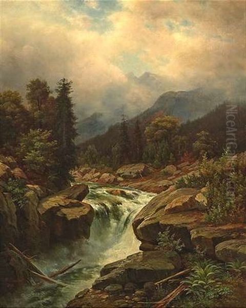 Wasserfall In Wolkenverhangener Hochgebirgslandschaft - view 1