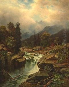 Wasserfall In Wolkenverhangener Hochgebirgslandschaft by Johann Wilhelm Lindlar