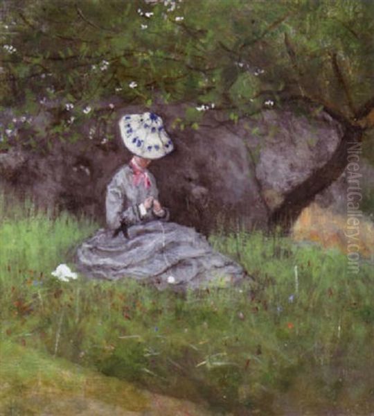A Woman In A Grey Dress Seated Under A Tree - view 1