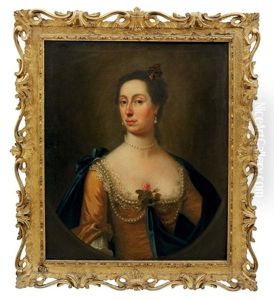 Portrait Of Woman Traditionally Identified As The Sister Of Samuel Cook In A Golden Silk Dress And Blue Wrap, Draped In Pearls, A Rose At Her Corsage by Francis Lindo