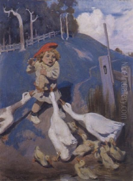Young Child With Goose And Ducks - view 1