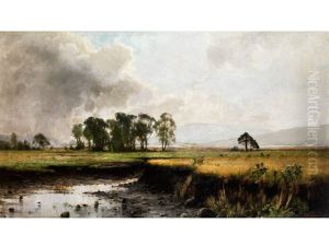 Weite Moorebene Mit Jungen Baumen Vor Hugel Am Horizont by Arvid Mauritz Lindstroem