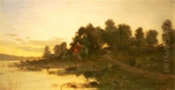Landskap Med Byggnad Vid Vattendrag - view 1