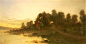 Landskap Med Byggnad Vid Vattendrag by Arvid Mauritz Lindstroem