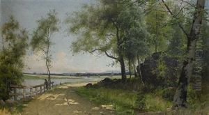 Sommarlandskap Med Vag Vid Vatten by Arvid Mauritz Lindstroem