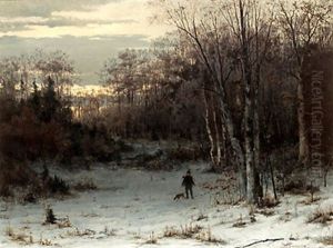 Skymningslandskap Med Jagare Och Hund Skymningslandskap Med Jagare Och Hund