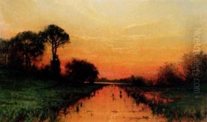 Insjolandskap I Aftonrodnad by Arvid Mauritz Lindstroem