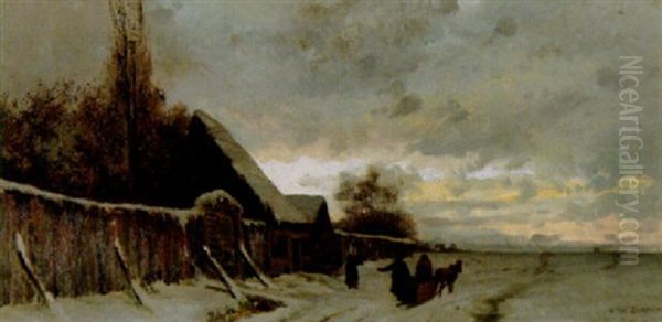Vinterlandskap Med Figurer Och Byggnader Skymning - view 1