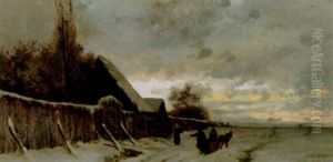 Vinterlandskap Med Figurer Och Byggnader Skymning by Arvid Mauritz Lindstroem