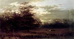 A Twilight Landscape With Cattle Resting In A Pasture And A Stream In The Foreground by Arvid Mauritz Lindstroem