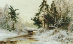 Landskap Med Bro Over Vattendrag, Solig Vintermorgon Landskap Med Bro Over Vattendrag, Solig Vintermorgon
