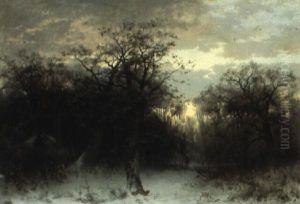 Vinterlandskap Med J,gare Och Samt R,v by Arvid Mauritz Lindstroem