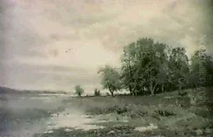 Sjolandskap Med Trad Samt Hjortar Pa Stranden - Skymningsljus by Arvid Mauritz Lindstroem