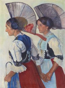 Zwei Appenzellerinnen In Bararmeltracht by Carl August Liner