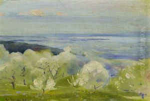 Fruhlingslandschaft. Bluhende Baume In Landschaft Bei St. Gallen Mit Blick Auf Den Bodensee
