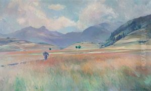Thurgauer Landschaft Mit Weizenfeld Und Spaziergangerin Mit Sonnenschirm