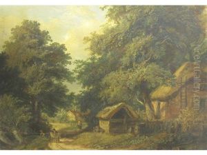 Cottage Scene At Builford Near Worcester by Henry Harris Lines