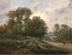 Children Playing In An Extensive Wooded Landscape by Henry Harris Lines