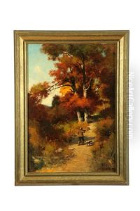 Figure Of A Hunter, Dog At Side On Path In Woods by Charles Linford