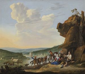 River Landscape With Resting Farmers, In The Background Fort Saint-jean And The Chateau De Pierre-seize, Lyon by Johannes Lingelbach