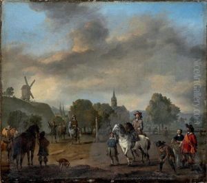 Reprises D'ecuyers Sur Une Place De Village by Johannes Lingelbach