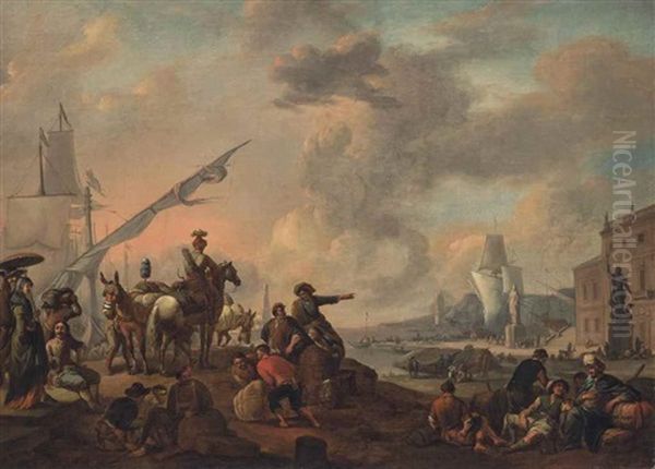 An Italianate Harbour With A Hunting Party And Workmen Unloading By The Docks - view 1