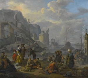 A Mediterranean Port With An Elegant Couple, Travelers And Merchants Resting By The Quay by Johannes Lingelbach