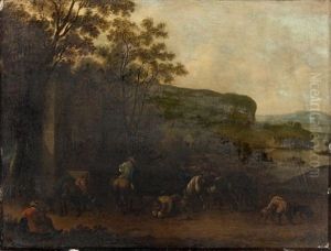 Halte Des Cavaliers Et Chasseurs A La Fontaine by Johannes Lingelbach
